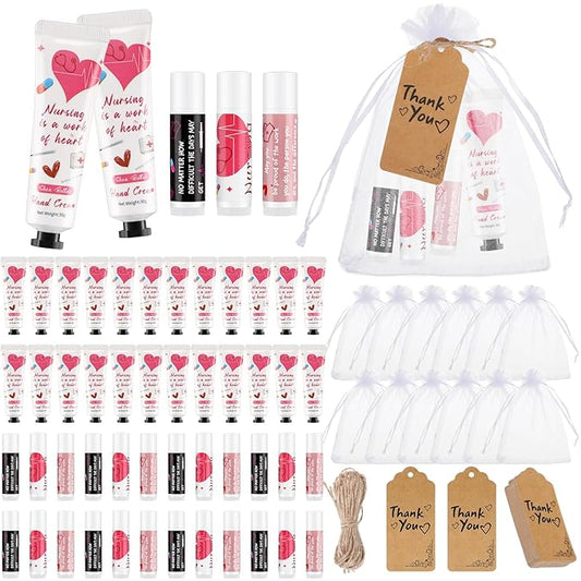 Nurse Appreciation Gifts Set Thank You Gifts Lip Balm Hand Cream for Dry Cracked Hands with Organza Bags Thank You Tags Jute for Party Holiday Nurse' Day(24 Sets)