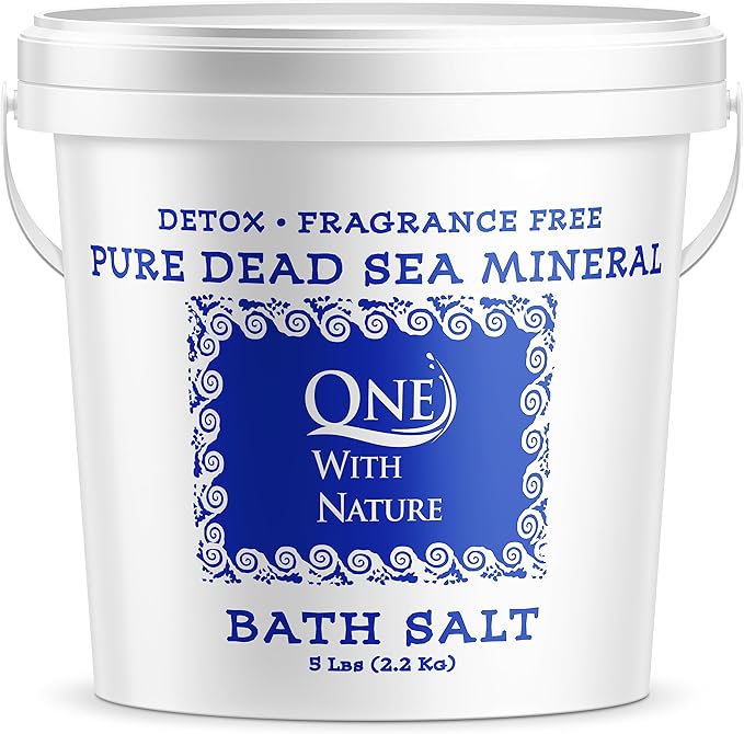 One With Nature 100% Pure Dead Sea Salt for Bath, 5lb Unscented. Dead Sea Salt is high in Essential Minerals, Such as Magnesium, Sulfur, Zinc, Potassium. Exfoliates, Nourishes Skin, Helps Restore pH