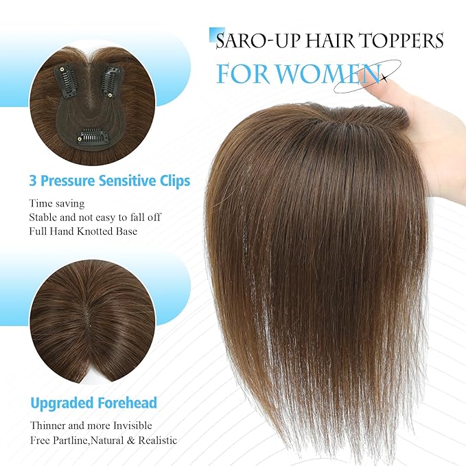 Hair Toppers for Women Real Human Hair Toppers for Women with Thinning Hair pieces with No Bangs 3 * 4Inch Hand-Tied Invisible Upgrade Swiss Base 10Inch Topper(Medium Brown)