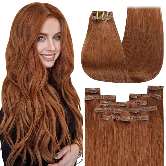 YoungSee Clip in Human Hair Extensions Light Copper Clip in Extensions Real Human Hair Copper Hair Extensions Clip ins Straight Soft Hair 18Inch 7Pcs 120G