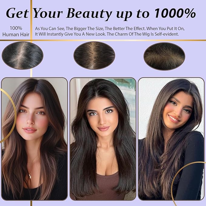 Hair Toppers for Women Real Human Hair, 360°3D Topper for Women with Thinning Crown Wispy Clip in Bangs Breathable Hand Tied Craft Big Coverage Hairpieces(Mocha（Big Coverage）, 16 Inch-3D-Wispy)