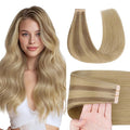 GOO GOO Tape in Hair Extensions Human Hair, #(T12A/18H) P18H Ash Beige Blonde Blend, 22inch 50g 20pcs, Skin Weft Seamless Invisible, Silky Straight with Thick Ends, Remy Human Hair