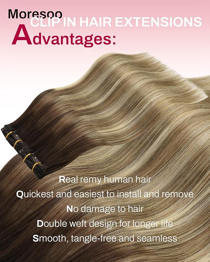 Moresoo Hair Extensions Clip ins Dark Brown Balayage Clip in Hair Extensions Ombre Medium Brown to Bleach Blonde Natural Human Hair Clip in Extensions Real Human Hair Long 7Pcs 120G 24 Inch