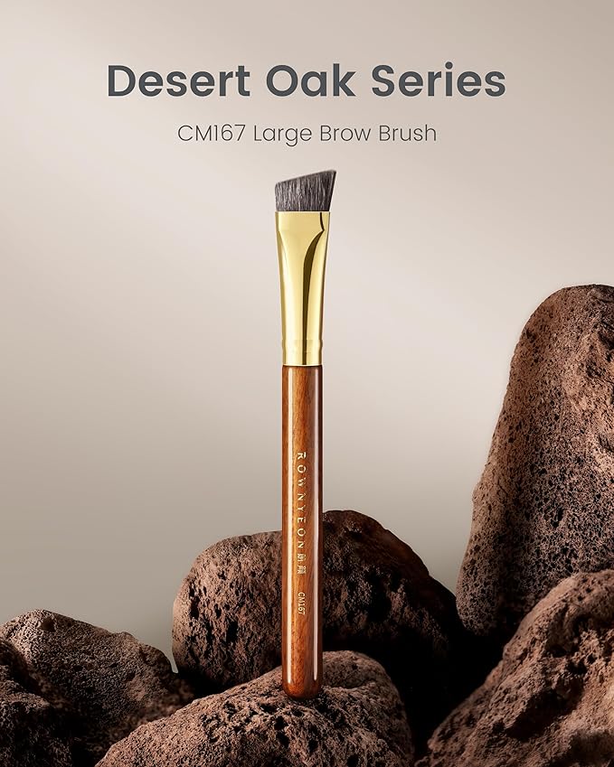 Desert Oak Series Flat Angled Eyebrow Brush - Straight Edge Design for Natural Hair-Like Strokes, 50% Weasel & Goat Hair Blend, Ebana Handle & Brass Ferrule (CM 167)
