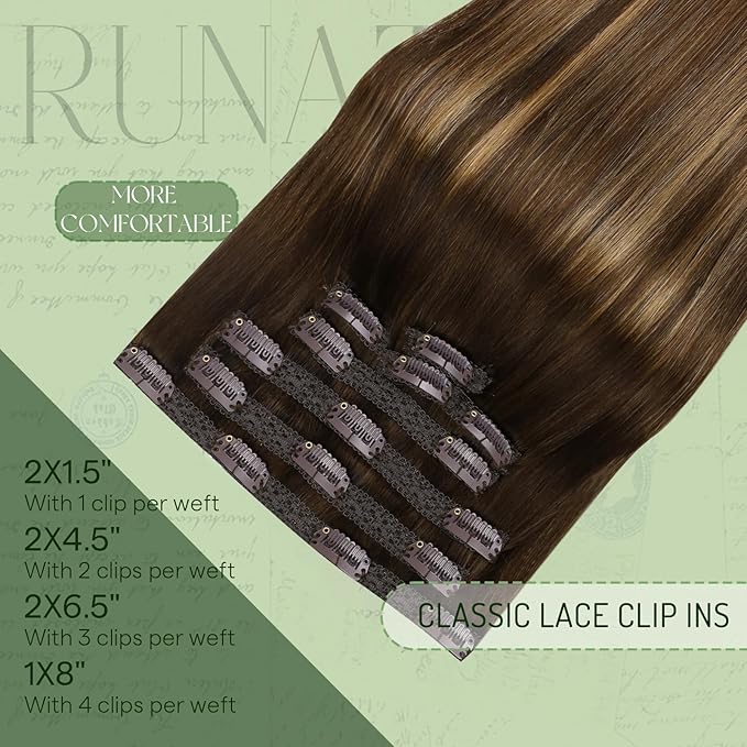 RUNATURE Balayage Clip in Hair Extensions, Real Human Hair Clip in Extensions Short, Brown Hair Extensions Clip Ins, Remy Natural Hair For Daily Wearing, 12 Inch 80g 7pcs #4/27/4 Brown Balayage