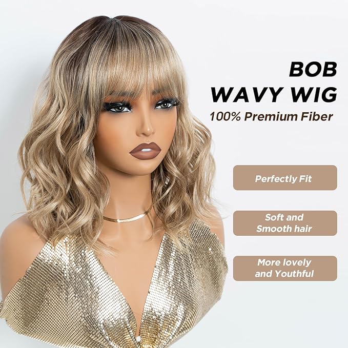 NOBLE Bob Wig with Bangs Short Wavy Wig for Women Ombre Mix Blonde Shoulder Length Wig Heat Resistant Synthetic Wigs for Daily Party Use 12 Inches