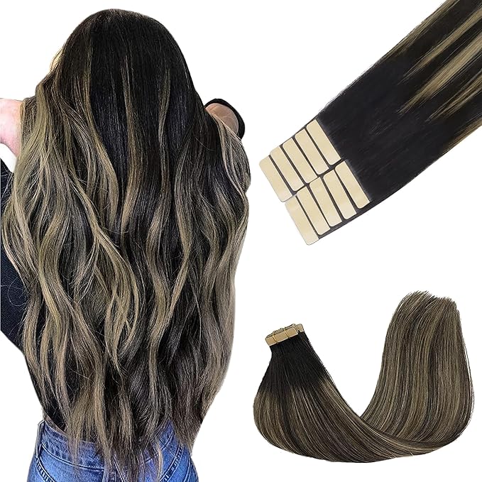GOO GOO Tape in Hair Extensions Human Hair, 1B/19/1B Natural Black to Light Blonde, 24inch 30g 10pcs, Skin Weft Seamless Invisible, Silky Straight with Thick Ends, Remy Human Hair