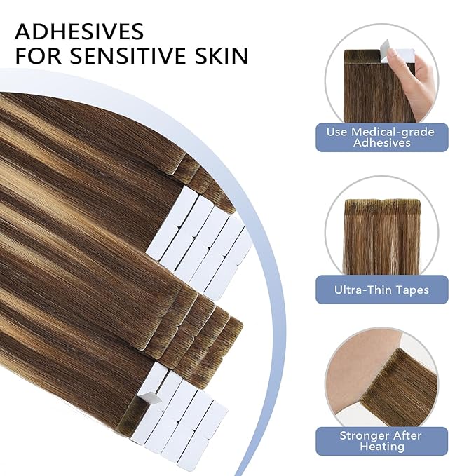 COOKAYU Tape in Human Hair Extensions, Invisible Tape in Extensions Medium Brown to Caramel Blonde 16Inch 35g 20pcs Injected Human Hair Seamless Invisi Edge Tape