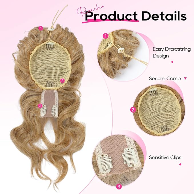 REECHO Messy Bun Hair Piece with Bangs – 2-in-1 Drawstring Ponytail Extension Updo Wig & Hair Topper with Long Side Bangs, Natural-Looking Hair Bun Hairpieces for Women - Honey Blonde