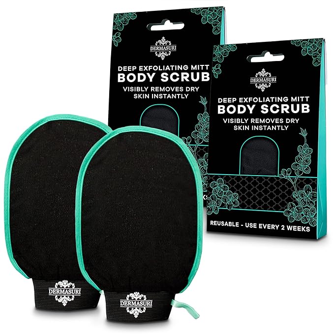 Dermasuri Deep Exfoliating Glove for Shower - Scrubbing Mitt Body Scrubber Gloves Skin Exfoliator & Eliminates Dead Skin - Keratosis Pilaris Scrub Spray Tan Remover - Korean Skincare for Body (2 Pack)