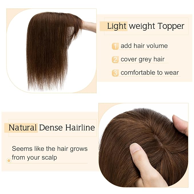 SEGO Hair Toppers for Women Real Human Hair With Bangs, 7 * 13CM Silk Base 100% Remy Human Hair Clip in Top Wiglet Hairpieces Add Volume -6 Inch Medium Brown