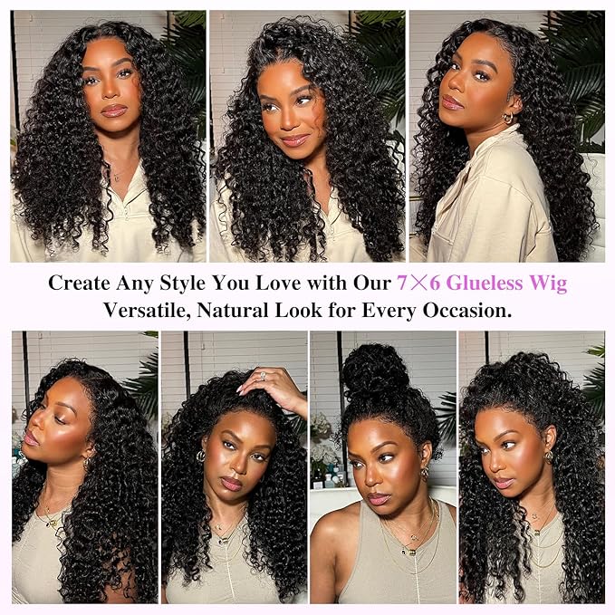 7x6 Burmese Curly Glueless Wigs Human Hair Pre Plucked Pre Cut 250% Density Drawstring Wig for Black Women 7x6 HD Lace Front Wigs Human Hair Glueless Wear and Go Nautural Color 30 Inch