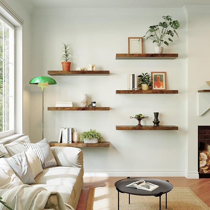 Large Floating Shelves for Wall Set of 3 Wooden Wall Shelves 36 in x 12.75 in x 2 in Room Decor Long Shelf with Invisible Wall Mount Bracket for Bedroom Kitchen Living Room Rustic Brown