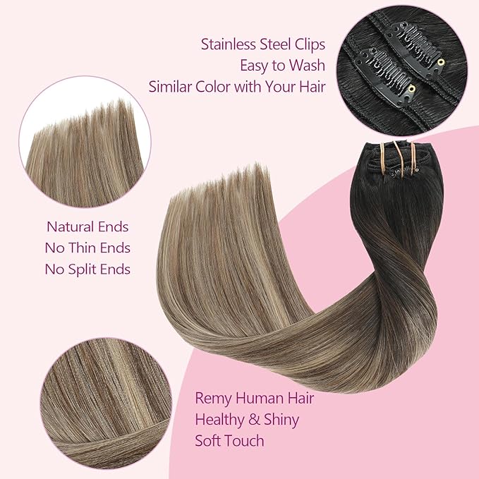 PINKPEARL Clip in Hair Extensions Real Human Hair #1B/4/27 Balayage Natural Black to Chocolate Brown and Caramel Blonde Clip in Hair 7pcs 120g 16inch Human Hair Extensios Clip ins(#1B/4/27-16)
