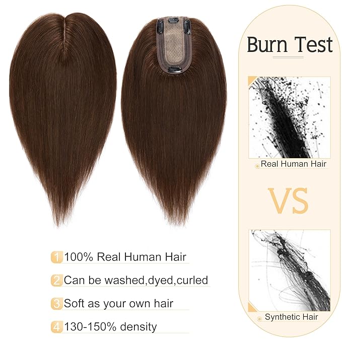 SEGO Human Hair Toppers for Women With Thinning Hair, 7 * 13CM Silk Base 100% Real Human Hair Clip in Top Wiglet Hairpieces /14 Inch No Bangs Medium Brown