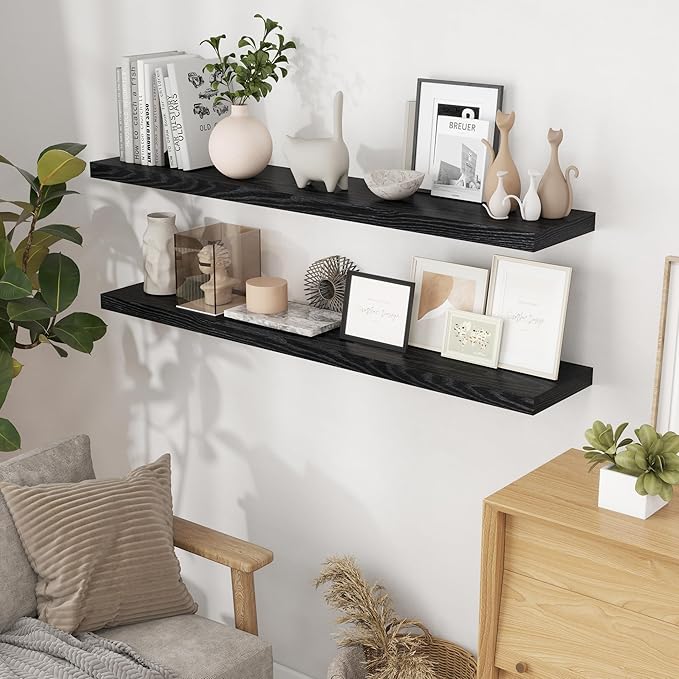 55 Inch Floating Shelves Black, Rustic Wood Floating Shelf Wall Mounted, 9 Inch Deep Floating Shelf for Kitchen, Bedroom, 55 x 9 Wall Shelves for Home Storage, Set of 1
