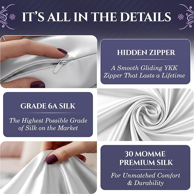 DECOLURE 100% Pure Mulberry Silk Pillow Case Standard Size – Highest Grade 30 Momme 6A+, Luxuriously Soft & Cooling Silk Pillowcase for Hair & Skin, Hypoallergenic, Breathable, Hidden Zipper (White)