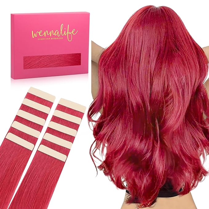 WENNALIFE Tape in Hair Extensions Human Hair Red Tape in Extensions, 10pcs 25g 16 inch Remy Invisible Tape Ins Straight Colored Soft Real Human Hair Tape in Extensions Refill Set Extensions