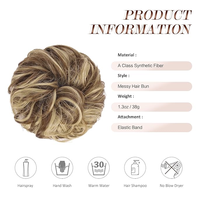 FESHFEN Messy Bun Hair Piece - Elastic Wavy Curly Hair Bun Scrunchies Extensions Synthetic Chignon Hairpieces for Women, Light Brown & Blonde 1.5 oz