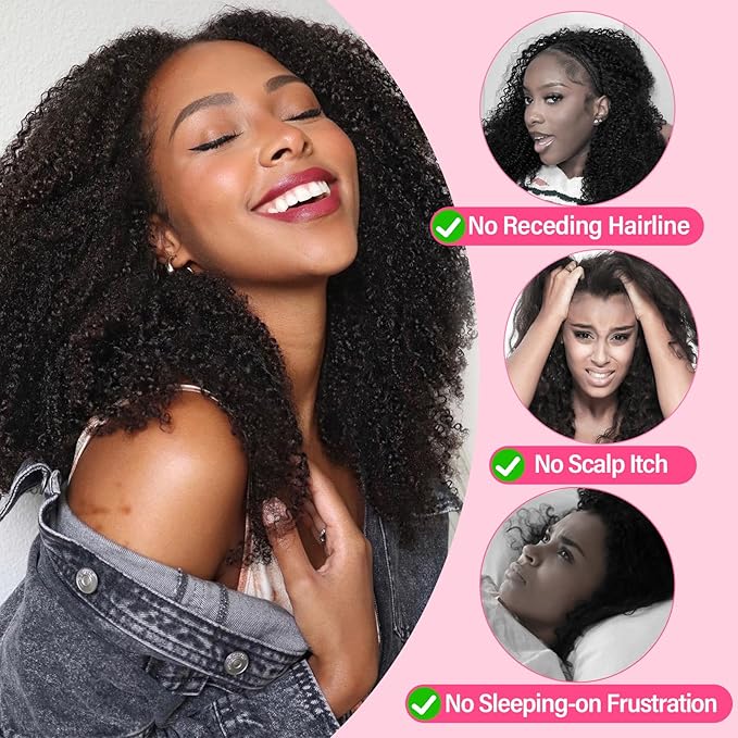 WOWANGEL Kinky Curly Half Wig Human Hair 180% Density Flexi-Fit Invisi 3 in 1 Wigs Flip Drawstring Wig Glueless Wear and Go Headband Wig 100% Human Hair for Women, Natural Black, 16 Inch