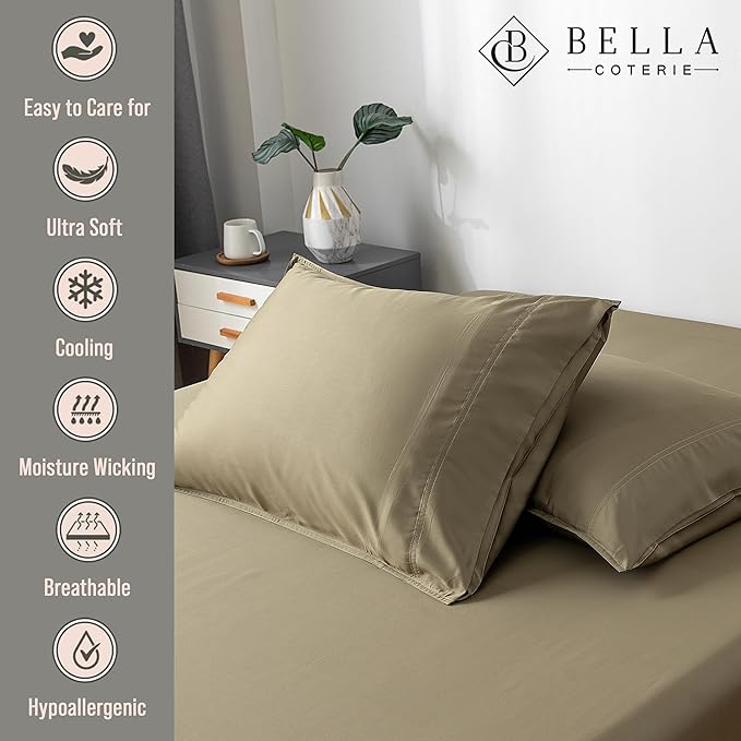 Bella Coterie | Luxury Bamboo Queen Size Pillowcase Set | 100% Organically Grown Bamboo Viscose | Ultra Soft | Cooling | 2 Pcs [Olive]