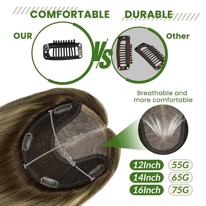 Hair Toppers for Women Real Human Hair 6x7 inch Larger Silk Base 150 Density 55 grams 12inch Balayage Color Chocolate Brown To Caramel Blonde Hair Pieces Add Volume（#4274 12inch）