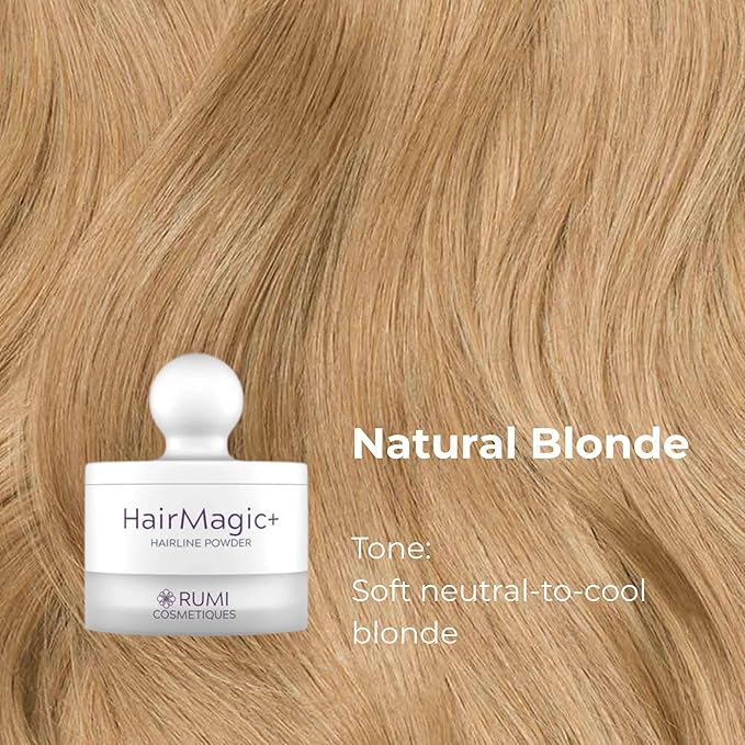 Rumi Cosmetiques HairMagic+ Root Touch Up Powder – Instant Gray Hair Coverage & Hairline Filler – Water-Resistant, Natural Finish, Nourishing Formula with Argan Oil & Vitamin E (Natural Blonde)