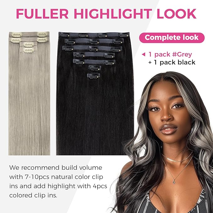Lashey Seamless Clip in Hair Extensions Human Hair 4pcs 48g Grey Straight Hair Extensions Clip ins for Black Women 20 Inch Long