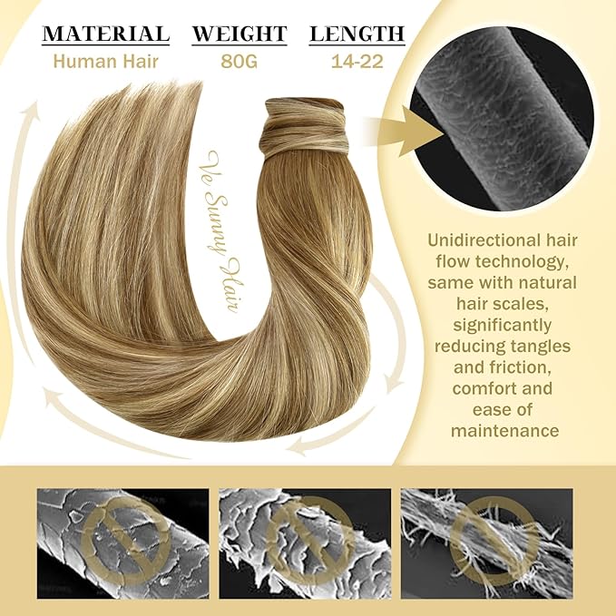 Ve Sunny Hair Extensions Ponytail Real Human Hair Wrap Around Clip in Ponytail Hair Extensions Straight Extensions Human Hair for Women Chestnut Brown Ombre Platinum Blonde Balayage 16inch 80G