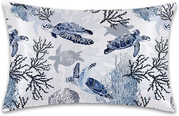 Nautical Turtle and Corals Satin Pillow Case Queen Size,Soft Pillowcases for Hair and Skin Similar to Silk,Pillowcases with Hidden Zipper Bedding Accessories,20X30 Inches,1 Pack