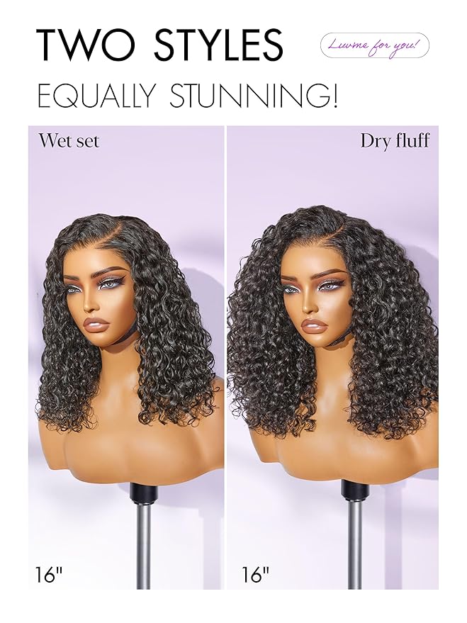 LUVME HAIR Curly Deep Wave Glueless Lace 100% Human Hair Short Wigs 12 Inches Pre Cut Plucked Hd Lace Wig Ready To Go Natural Color Bleached Knots Side Part Black Wigs 12 Inches