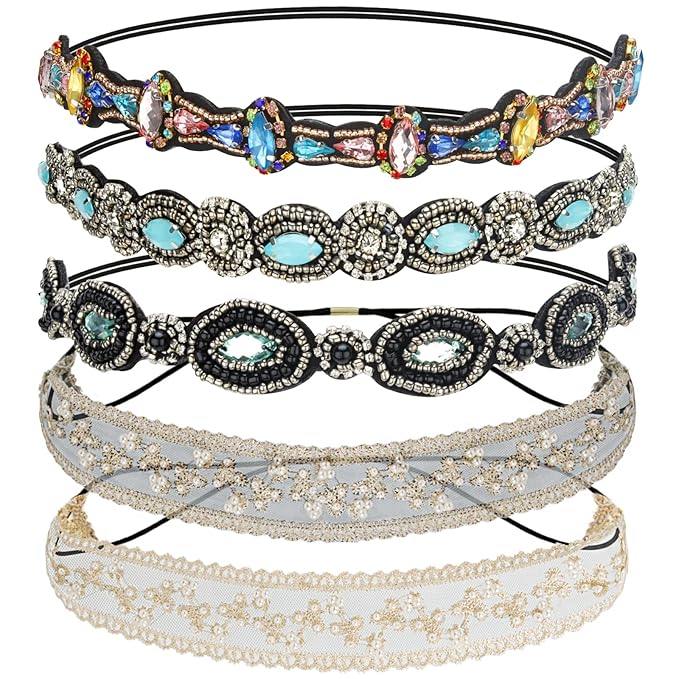 AMCAMI Rhinestone Crystal Beaded Hairbands 5 Pack - Elastic Hippie Hair Accessories for Women and Girls