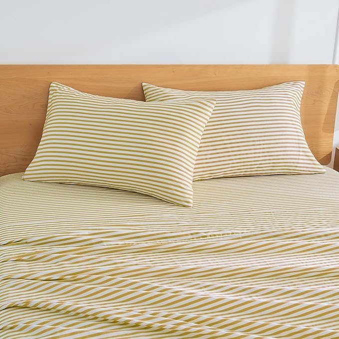 JELLYMONI 100% Natural Cotton Striped Standard Pillowcases Set, 4 Pack White and Yellow Stripes Pillow Covers with Envelope Closure(Pillows are not Included)