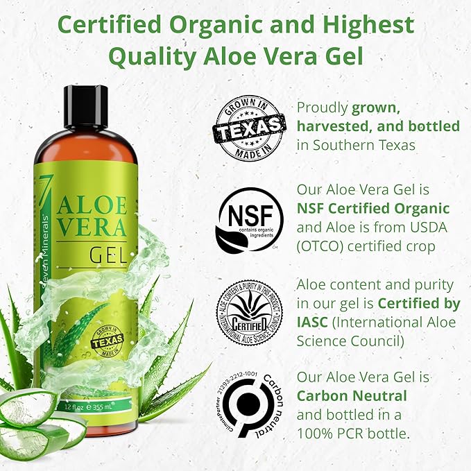 Seven Minerals Organic Aloe Vera Gel from freshly cut 100% Pure Aloe - Big 12oz - HighestQuality, Texas grown, Vegan, Unscented - For Face, Skin, Hair, Sunburn relief