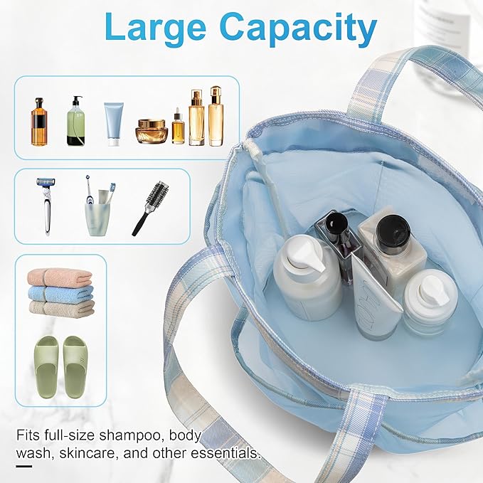 Mesh Shower Caddy Portable, Bathroom Caddy Organizer for College Dorm Essentials, Hanging Shower Tote Bag with 7 Pockets for Beach, Swimming, Gym camping Blue Checkered