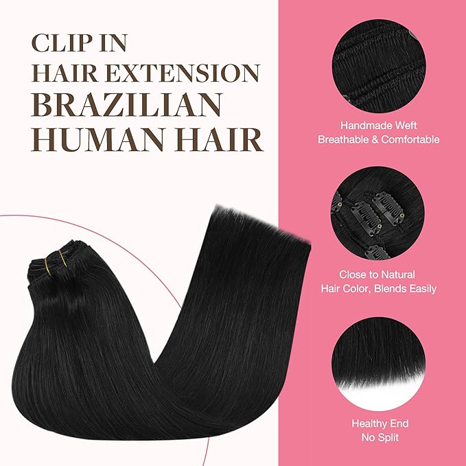 GOO GOO Clip in Hair Extensions Real Human Hair, Remy Human Hair Extensions Clip ins for Women, Natural Human Hair, 24inch 240g 9Pcs, #1 Jet Black