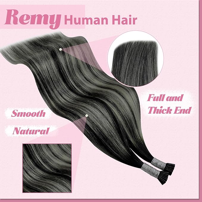 YoungSee I Tip Hair Extensions Balayage Black Itips Hair Extensions Human Hair Ombre Black with Silver Itip Hair Extension Real Human Hair 18 Inch Itip Extension 60s 50g for Photo Shoots