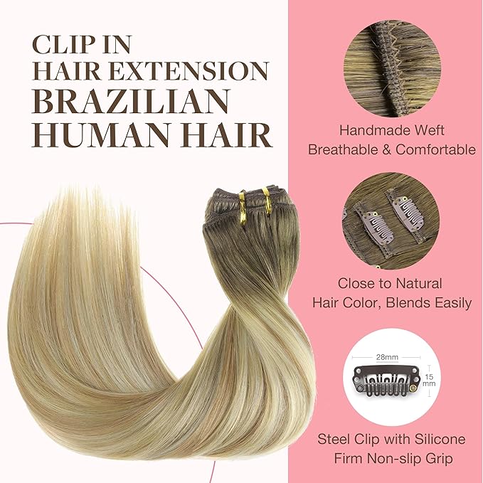 GOO GOO Clip in Hair Extensions Real Human Hair, Remy Human Hair Extensions Clip ins for Women, Natural Human Hair, 16inch 120g 7Pcs, 5A/90/16F Bahamian Balayage