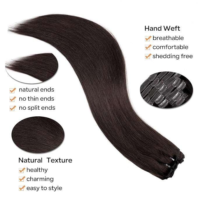 Straight Clip In Hair Extensions Real Human Hair 8Pcs Clip In Dark Brown Human Hair Extensions with 18Clips Lace Weft 120g 24inch