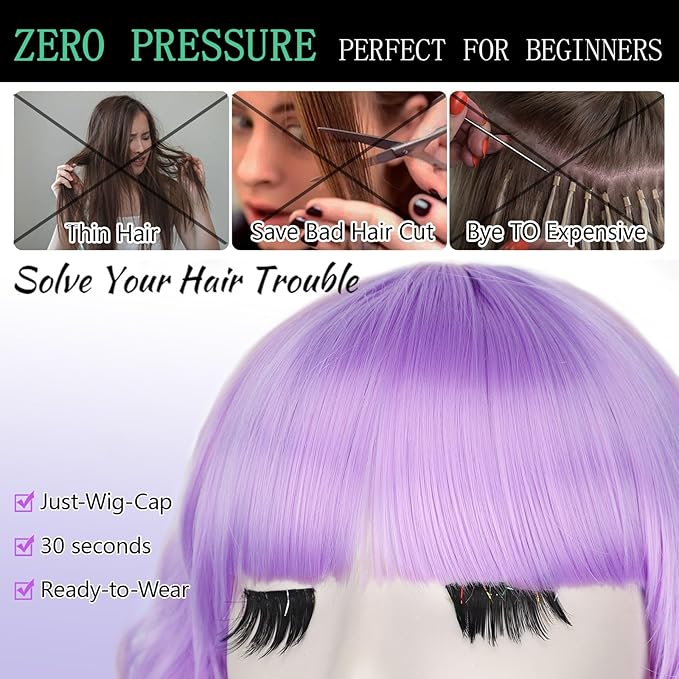 AISI HAIR Light Purple Synthetic Wavy Curly Bob Wig with Bangs Short Wavy Hair for Women Synthetic Heat Resistant Bob Wigs