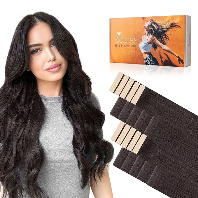 DOORES Injected Tape in Hair Extensions Real Human Hair Invisi Edge, Dark Brown 10 Injection Tape-ins with 10 Classic Tape-ins 50g 20 Inch, Virgin Human Injection Tape in Extension