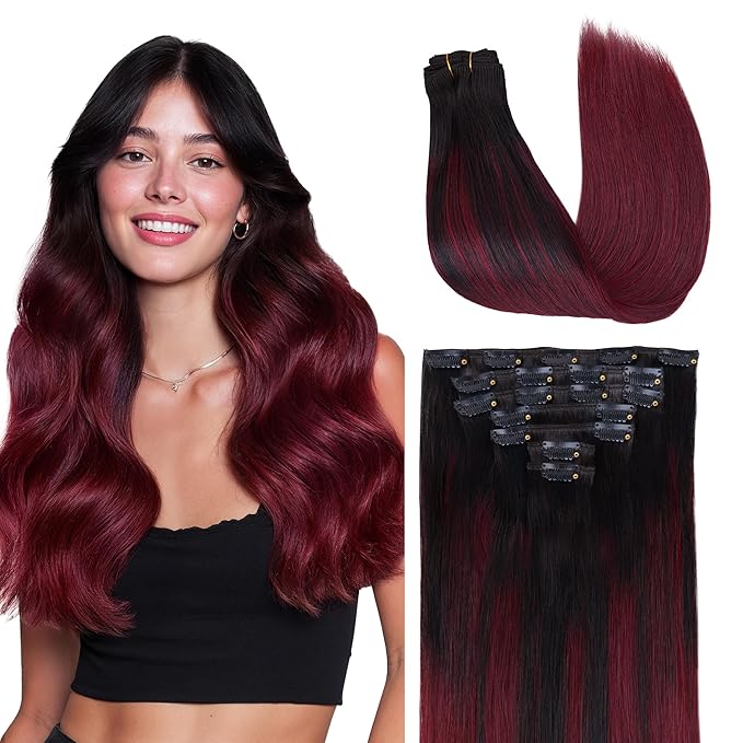 GOO GOO Clip in Hair Extensions Real Human Hair, Remy Human Hair Extensions Clip ins for Women, Natural Human Hair, 14inch 120g 7 Pcs, #1/99j Balayage Jet Black to Red