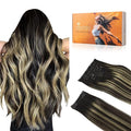 DOORES Clip in Extensions Human Hair, Balayage Natural Black to Light Blonde 16 Inch 150g 9pcs, Real Hair Extensions Clip in Straight Natural Hair Extensions
