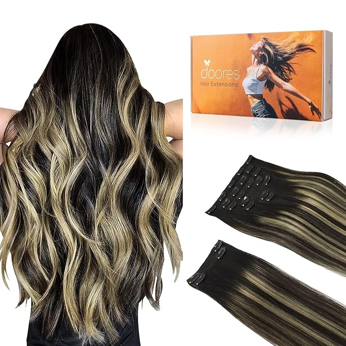 DOORES Clip-in Hair Extensions Real Human Hair, Balayage Natural Black to Light Blonde 18 Inch 150g 9pcs, Clip-in Extensions Human Hair Natural Thick