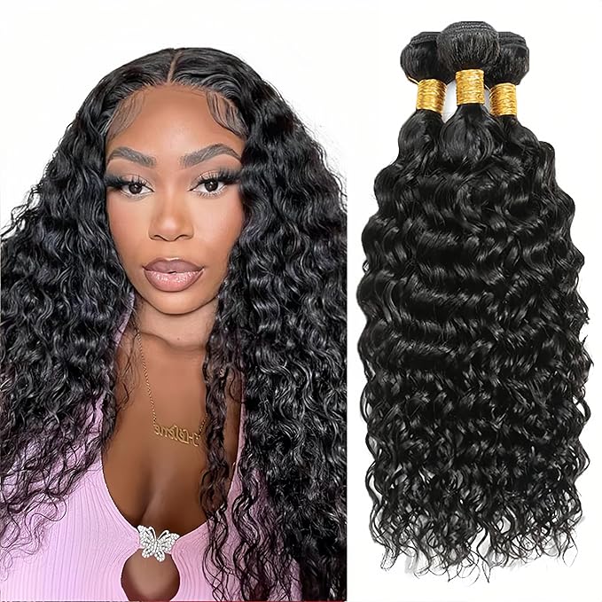 Bundles Human Hair Color 1B Water Wave Bundle Niegmeag Brazilian Virgin Soft and Silky Remy Hair Mixed Length 3 Bundles 20 22 24 Inch Natural Black Color