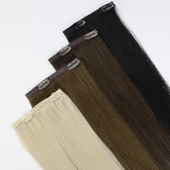 Full Shine Invisible Clip in Hair Extensions Human Hair 18 Inch Natural Black Ombre to Brown with Caramel Blonde Lace Weft Human Clip in Hair Extensions 3 PCS 60 G