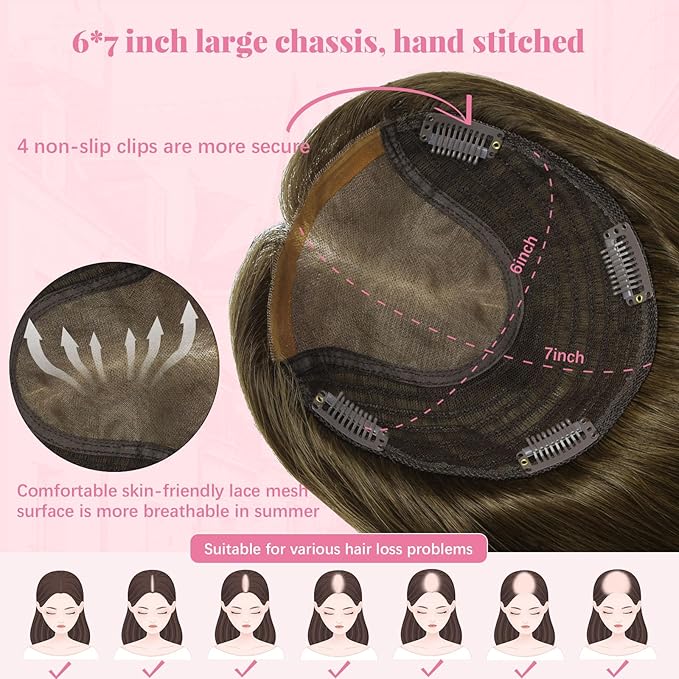 Hair Toppers for Women Real Human Hair, Dark Brown Wiglets Hairpieces for Thinning 360° Human Toppers for Women Add Volume 14inch 6x7inch Large Base (#4Topper-14inch)