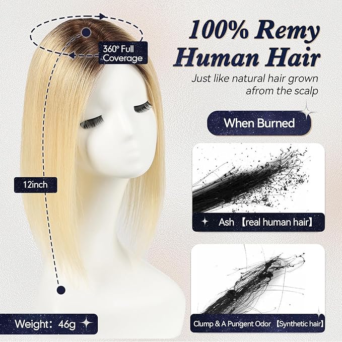 starluck Hair Toppers for Women Real HumanHair,5.5"*4"MONO Large Base,100% Real Human Hair-Toppers for Women with Thinning,46g Hand-moven Topper,Gray Roots,High Volume,Ombre Light Blonde