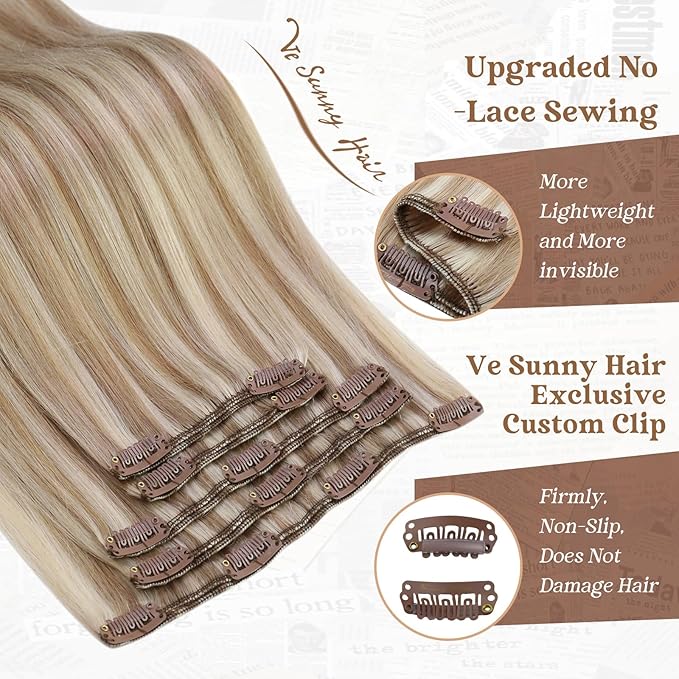 Ve Sunny Blonde Clip in Hair Extensions 22inch Human Hair Clip in Extensions Straight Real Hair Extensions Clip in Human Hair Daily Use
