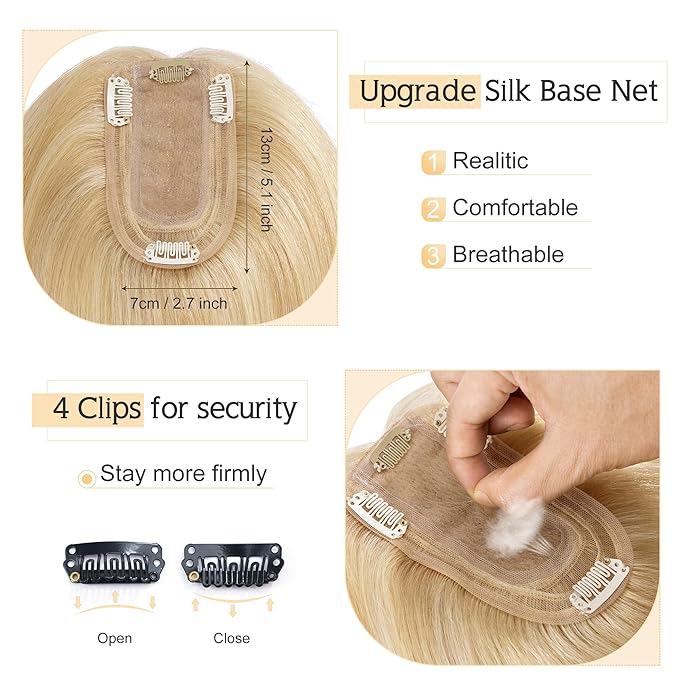 SEGO Human Hair Toppers for Women With Thinning Hair, 7 * 13CM Silk Base 100% Real Human Hair Clip in Top Wiglet Hairpieces /8 Inch No Bangs Ash Blonde&Bleach Blonde